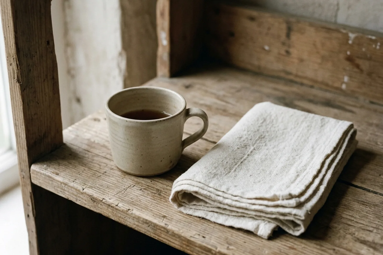 A pile of folded linen cloths resting on a clean shelf under daylight.