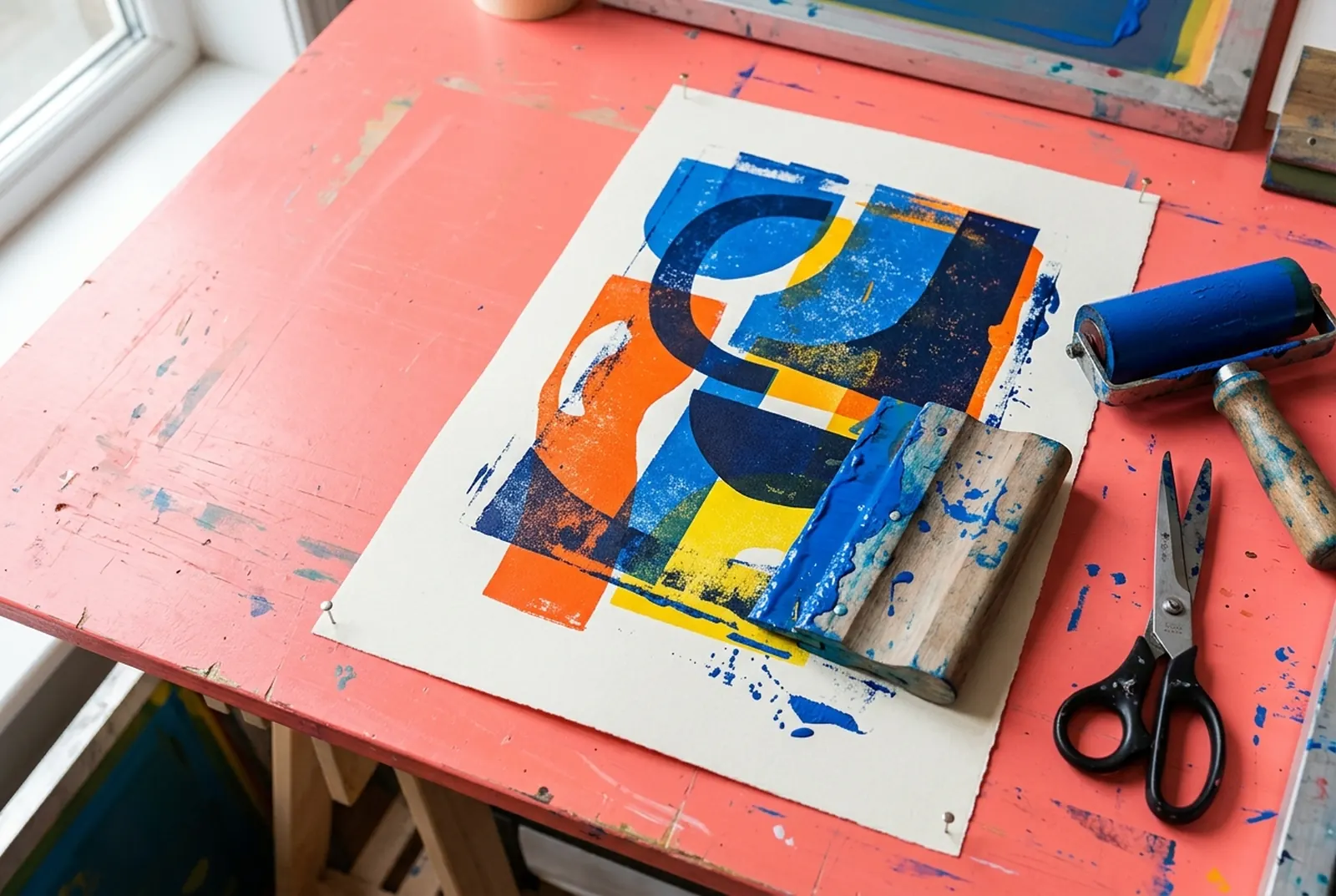 Abstract screen print in progress with blue ink roller and practical tools on a coral worktable
